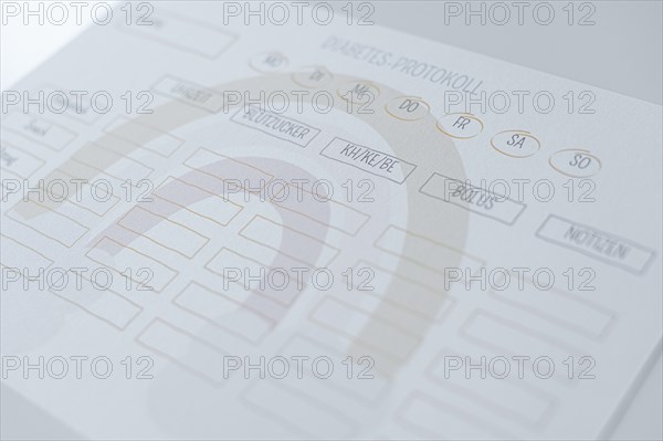 Diabetes log, daily log of food and insulin administration, food log, the paper lies on a white