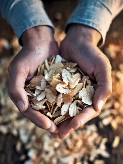 Holding woodchips in your hands, woodchips, renewable fuel, climate change, AI generated, AI