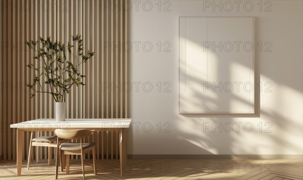 Elegant dining space with a modern wooden table, flowers in vase, and a minimalist empty frame on
