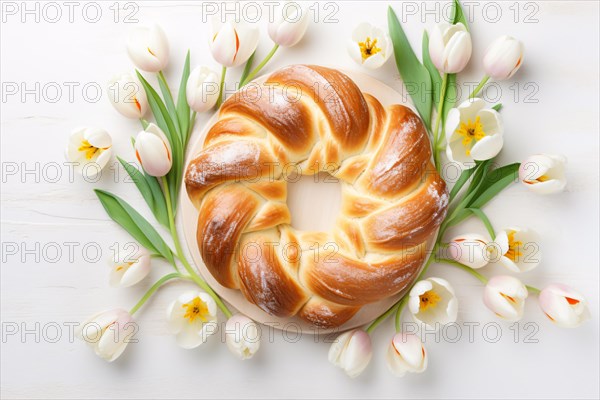 Top view of Italian Easter bread surrounded by white Tulip spring flowers. KI generiert, generiert