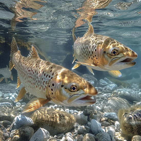 Salmon (Salmo salar) on the migration and swim up a stream in shallow, clear water, ai generiert,