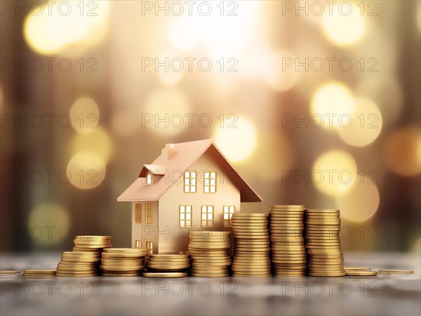 Small model house standing behind a pile of coins, symbol image for house money, loan, mortgage,