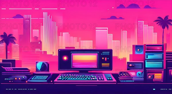Website header blending retro pixel style elements and modern graphics pixelated icons, AI