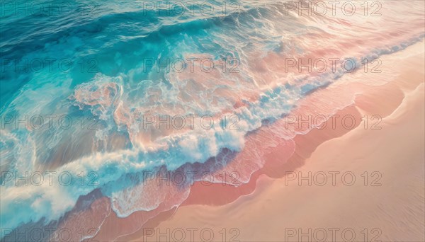 Pastel colors background of ocean foamy waves hitting the sandy beach. Exotic serene blue sea,