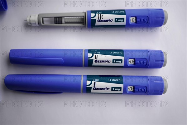 Three Ozempic injection pens lying next to each other, for diabetes 2 patients, Stuttgart,