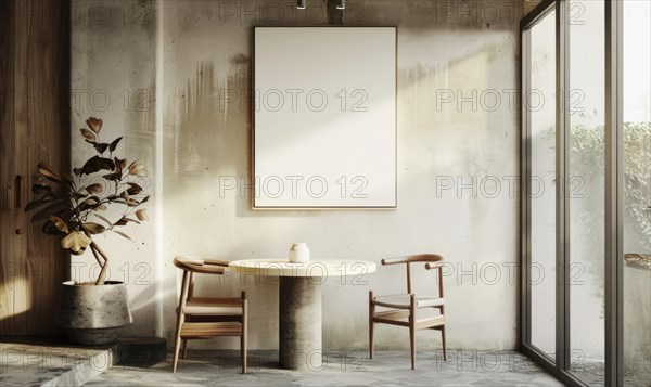 A tranquil modern room with a round table, chairs, a plant, and an empty frame on a textured