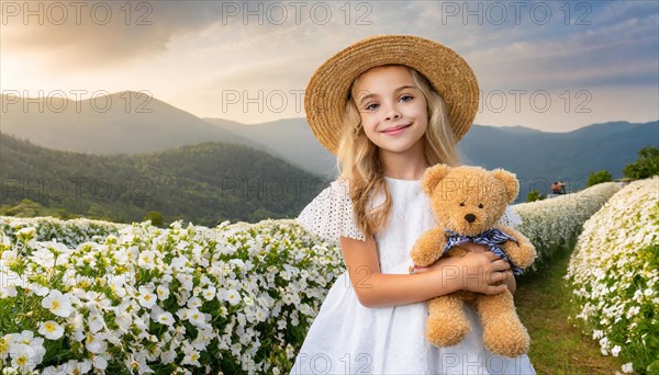 Ai generated, A blonde girl, 8 years old, enjoys the summer in a meadow with lots of flowers and is