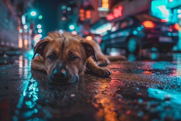 An abandoned, stray, young mixed-breed dog lies on a wet road at night and looks sad, AI generated,