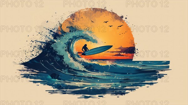 Silhouette of a surfer riding a vibrant wave at sunset with splatter effects, ai generated, AI
