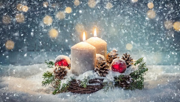 Ai generated, Advent wreath with burning candles, Christmas time, Christmas decoration, 2nd Advent,