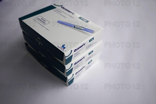 Boxes of the drug Ozempic stacked on top of each other, for diabetes 2 patients, Stuttgart,