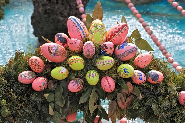 Detail of an Easter fountain in Franconian Switzerland, Bamberg district, Upper Franconia, Germany,