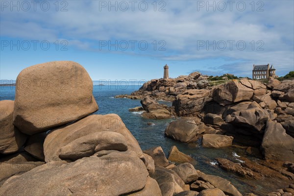 Lighthouse and granite rock, Phare de Ploumanac'h, Phare de Mean Ruz, Cote de Granit Rose,