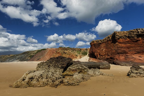 Algarve beach, wide, red rock, rocky coast, nobody, clear, blue sky, cloud, summer holiday, beach