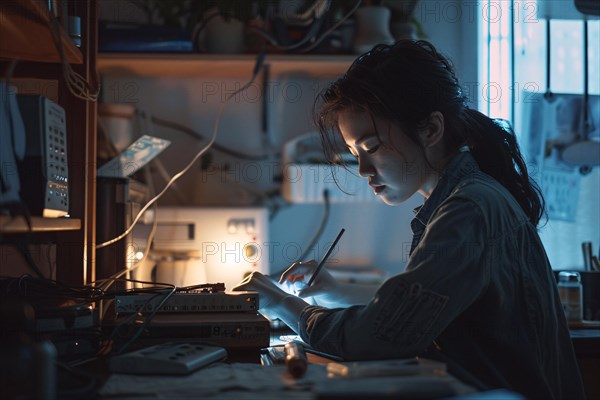 A woman is soldering electronics in a dimly lit workshop, illuminated by the glow of her work, AI