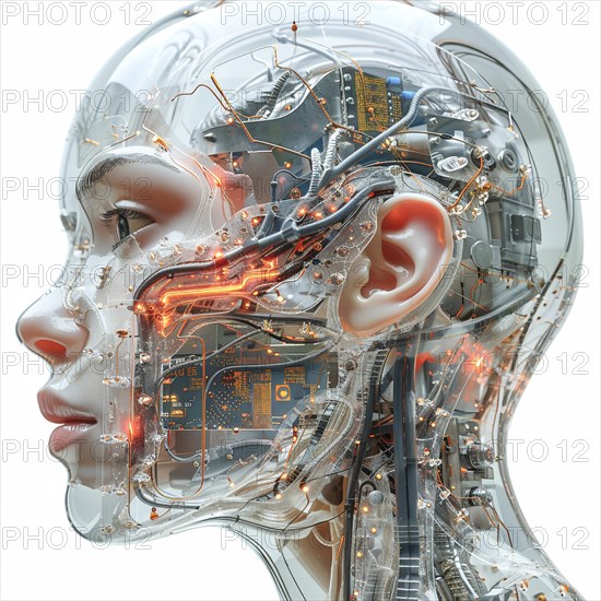 Medical a human head with brain and computer chip, symbol image KI in the human brain, ai