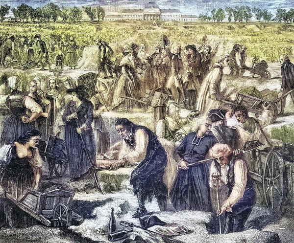 All at work on the Champ de Mars, France, Historical, digitally restored reproduction from a 19th