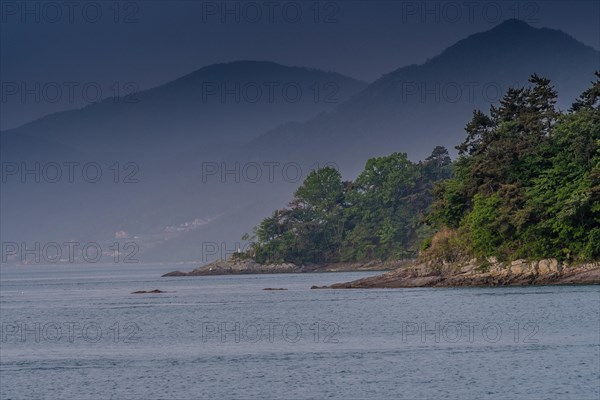 Landscape of shoreline with lush green trees and small mountains shrouded in fog and mist in the