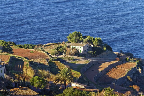 Coastal landscape with a house and terraced fields overlooking the blue sea, Hiking tour from