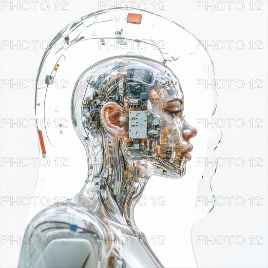 Medical a human head with brain and computer chip, symbol image KI in the human brain, ai