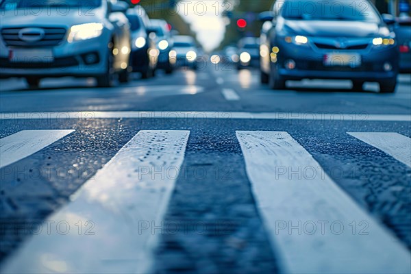 Close up of crosswalk on street with waiting cars in blurry background. KI generiert, generiert AI