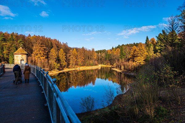 Autumn forest reflected in a dam under a clear blue sky, walkers on the dam wall, Ronsdorfer