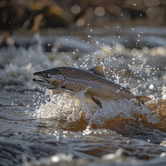 Salmon (Salmo salar) on the migration and swim up a stream in shallow, clear water, ai generiert,