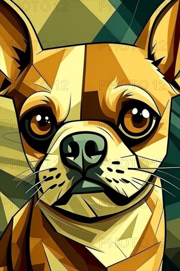 Abstract geometric portrait of a chihuahua in brown and yellow hues, vertical aspect, cubism style,