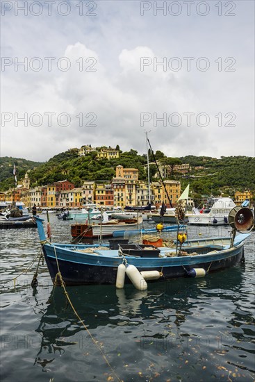 Village with colourful houses and harbour by the sea, Portofino, Province of Genoa, Liguria, Italy,