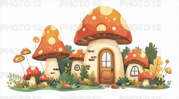 Cozy illustration of a mushroom house in soft, gentle colors with surrounding foliage and stepping