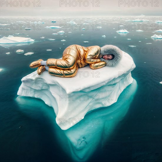 Woman in yellow golden puffer jacket lies on a block of ice alone in the middle of the ocean sea.