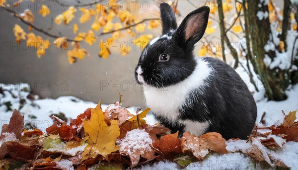 KI generated, A black and white dwarf rabbit in a meadow with autumn leaves, onset of winter, ice,