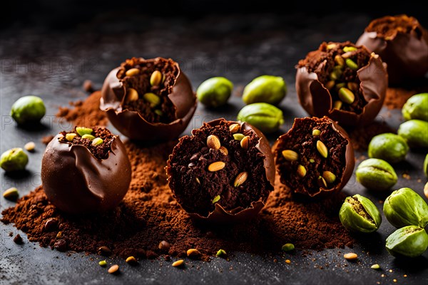 Vegan dark chocolate and almond truffles cocoa powder dusting nestled in crushed pistachios, AI