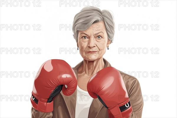 Illustration, an older woman with boxing gloves looks confidently and resolutely into the camera,