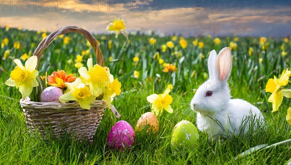 Ai generated, An Easter basket with coloured eggs in a meadow with colourful flowers, in the basket