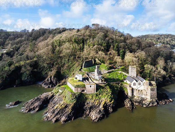 Dartmouth Castle over River Dart from a drone, Dartmouth, Kingswear, Devon, England, United