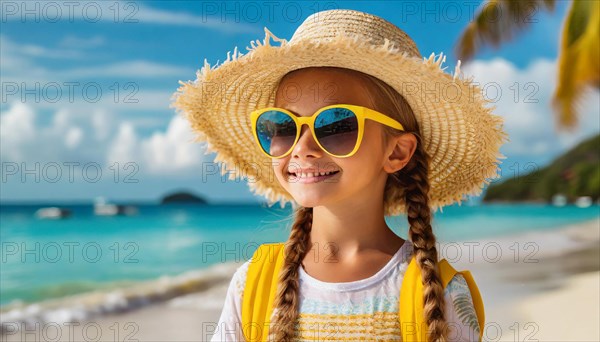 KI generated, An 8 year old blonde girl with sunglasses and a straw hat is on holiday on the beach