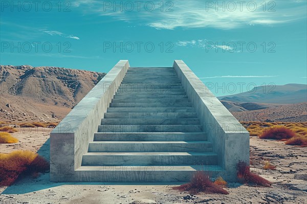 Isolated staircase with geometric shapes, surrounded by desert vegetation under a clear sky, AI