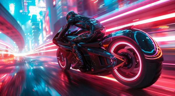 Motorbike rider in black with reflective helmet zooms through a cyberpunk city at night, ai
