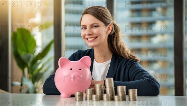 AI generated, A young woman, 20, 25, years, saves money and coins for the future, provision, nest