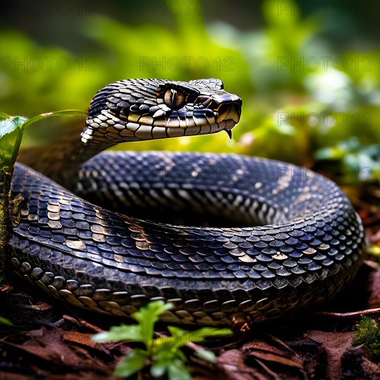 European adder coiled in a striking position showcasing its distinctive patterning, AI generated