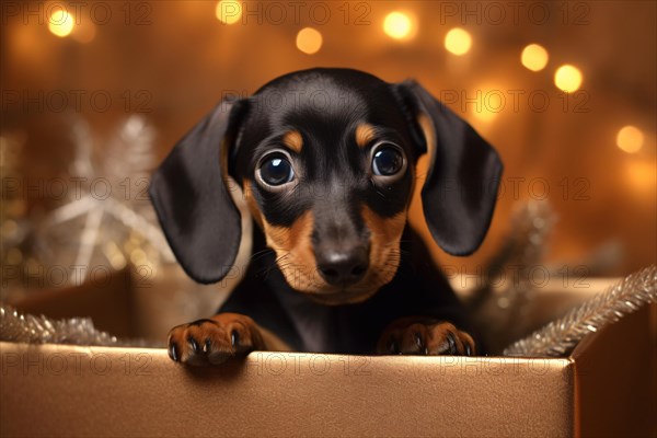Cute young Dachshund puppy in golden gift box with bokeh lights in background. KI generiert,