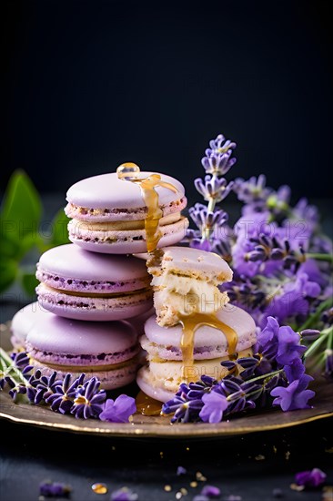 Lavender honey ice cream sandwiched between french macarons fresh lavender sprigs adornment, AI