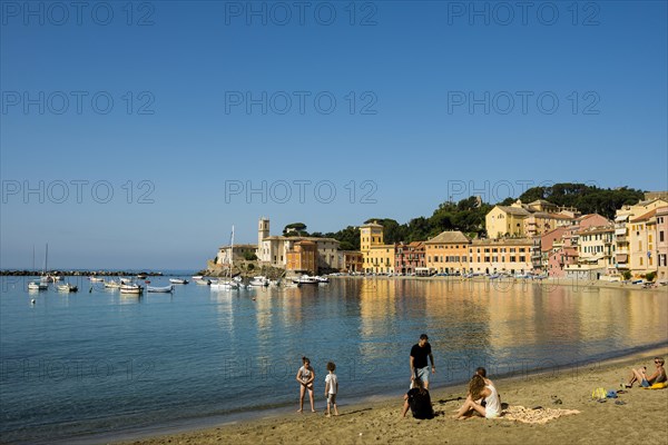 Village with beach and colourful houses by the sea, Baia del Silenzio, Sestri Levante, Province of