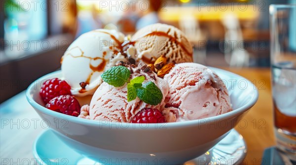 Scoops of raspberry, vanilla, and chocolate ice cream with berries and mint, ai generated, AI