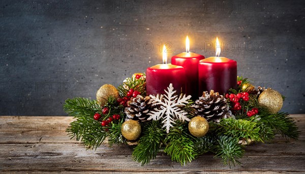 Ai generated, Advent wreath with burning candles, Christmas time, Christmas decoration, 3rd Advent,