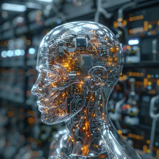 Medical a human head with brain and computer chip, symbol image KI in the human brain, ai