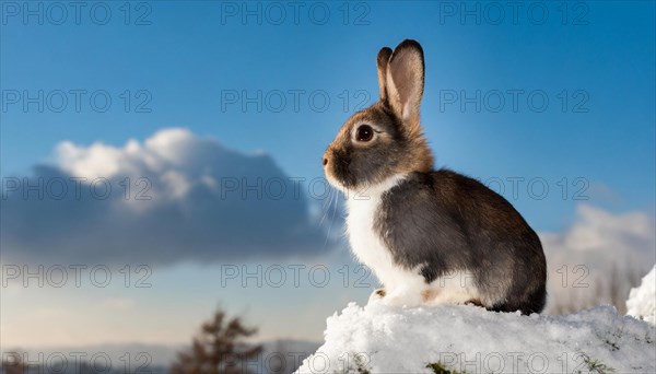 KI generated, A colourful dwarf rabbit in autumn, ice, snow, onset of winter, side view,