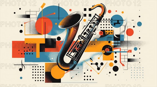 Abstract and geometric design centered around a saxophone with a modern flair, ai generated, AI