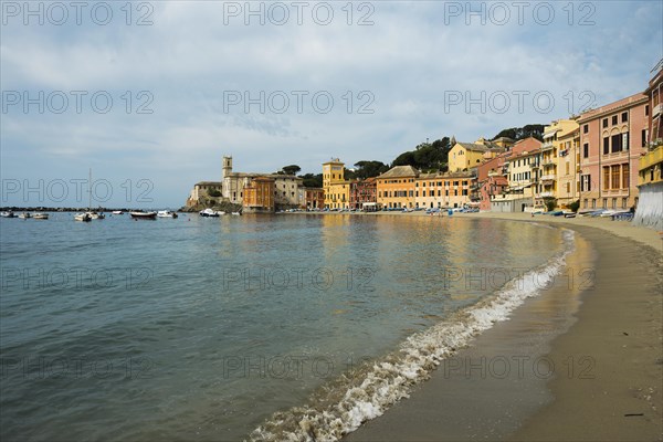 Village with beach and colourful houses by the sea, Baia del Silenzio, Sestri Levante, Province of